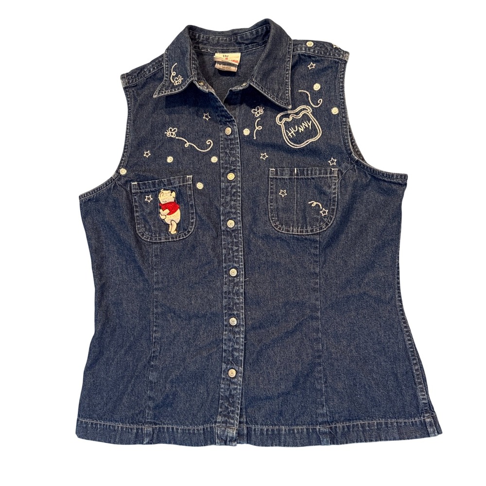 Disney Store VTG Winnie the Pooh Denim Vest Women Medium Embroidered Blue Cotton
